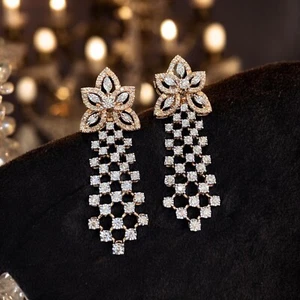 Pave 2.44 TCW Round Brilliant Cut Natural Diamonds Dangle Earrings 14K Rose Gold - Picture 1 of 13