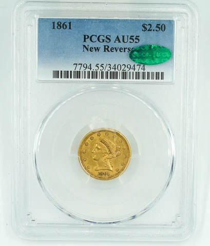 1861 PCGS & CAC AU55 $2.50 Gold Liberty Quarter Eagle New Reverse Cover