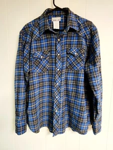 Wrangler Pearl Snap Blue Plaid Flannel Long Sleeve Western Shirt Mens Size XL - Picture 1 of 4