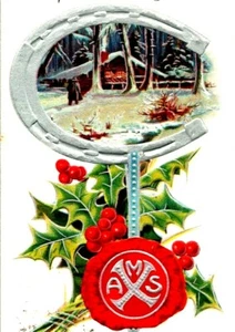 1909 Christmas Horse Shoe Holy House  Embossed Postcard (A17) - Picture 1 of 3