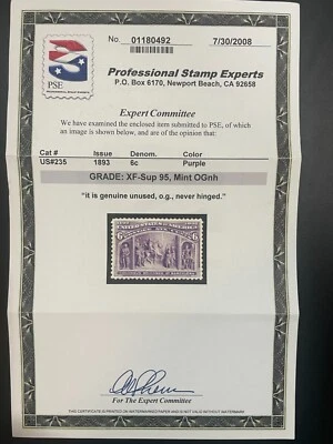 US stamp scott# 235 6c Columbian 1893 Mint OG NH MNH PSE Graded XF-S 95 $1050 - Image 1 of 3