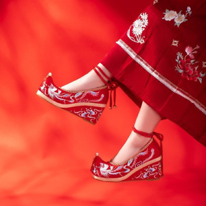 Damskie chińskie Phoenix Haftowane buty Perły Starożytne Sznurowane buty na obcasie