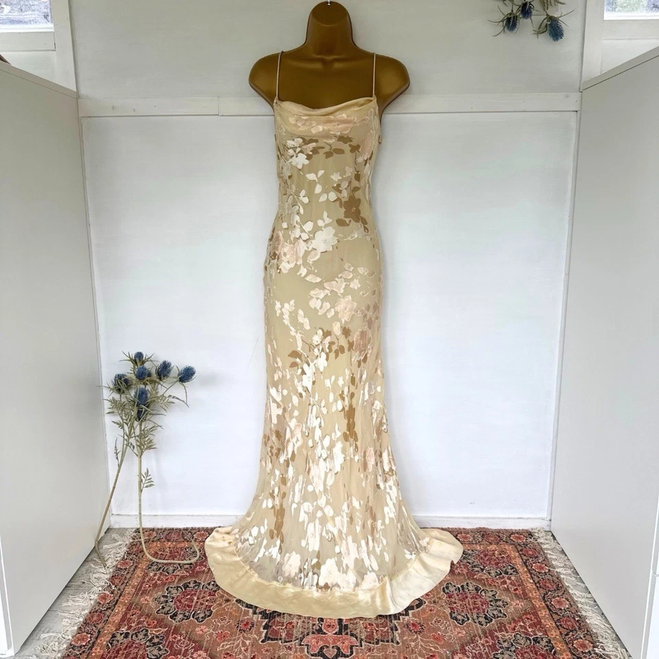 Monsoon Gold Cream Devore Bias Cut Silk 90’s/y2k Evening Gown Dress Prom Size 12 - Image 1 of 4