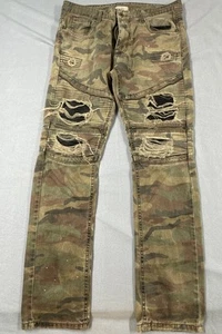 Smoke Rise Camo Distressed Ripped Slim Fit Moto Jeans Mens 36/32 - Picture 1 of 11