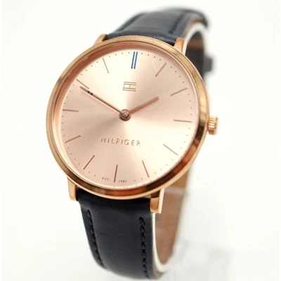 Tommy Hilfiger Womens Rose Gold Tone Slim 35mm Watch Blue Leather w New Battery - Image 1 of 4