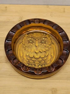 Large 7" Round Amber Glass Ashtray, Brockway Glass Co. , Owl Design - Picture 1 of 7