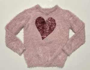 DKNY Size M Pink Fuzzy Sweater Flip Sequin Heart Silver Girls - Picture 1 of 5