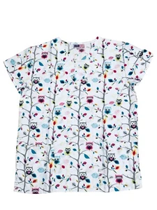 Womens Fashion Medical Nursing Scrub Print Tops Owls on Trees S - Picture 1 of 2