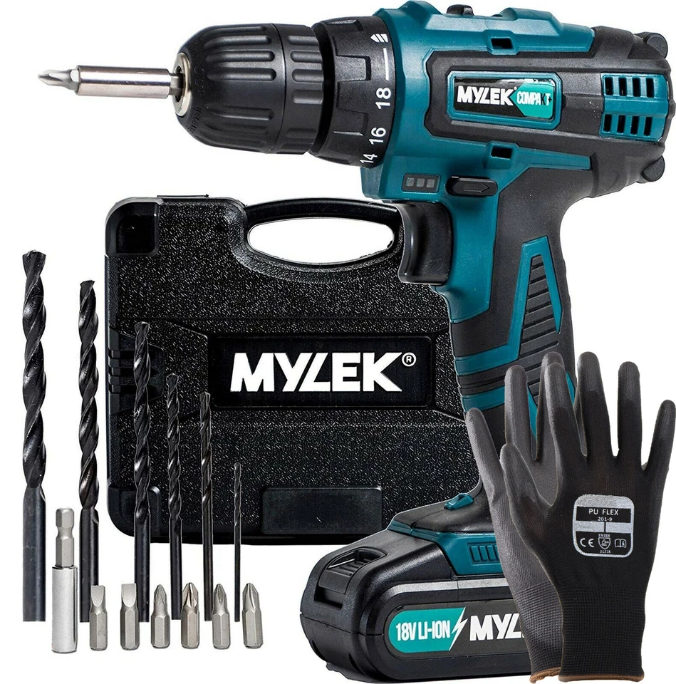 Mylek Cordless Drill Set 18V Driver Screwdriver Lithium Ion Battery Work Gloves
