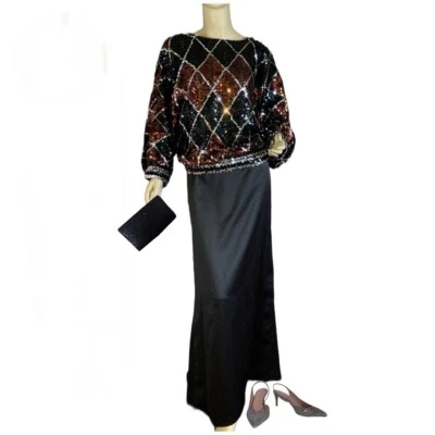 TOP DE LANTEJOULAS VINTAGE POR VOLTA DE 1980 ROB HILL PARA MISTER JAY MARROM E PRETO TAMANHO GG - Imagem 1 de 4