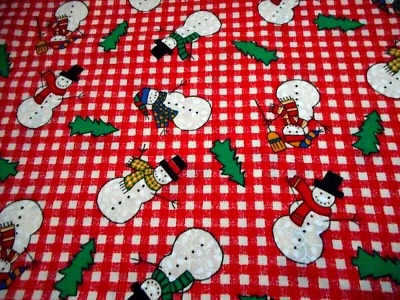 Christmas Fabric 1 5/8 Yard Snowmen Trees on Red & Ivory Checks Cotton #15 Vtg C - Image 1 of 2