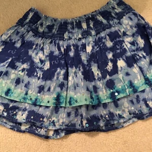 Justice Tie Dye Blue Sequin Skirt Skort With Attached Shorts SZ 16 Elastic Waist - Picture 1 of 4