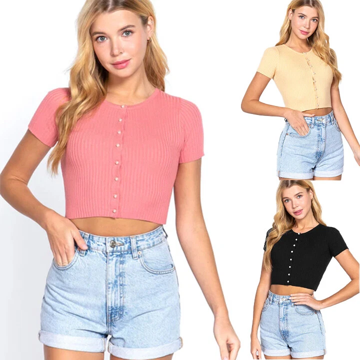 Cardigã feminino ativo essencial manga curta gola redonda botão pérola J13152 - Imagem 1 de 1