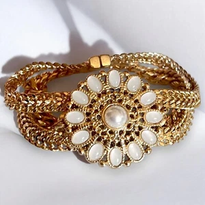 Multi Strand Chain Bracelet Gold Tone Faux Pearl White Cabochon Vintage 1990s - Picture 1 of 8