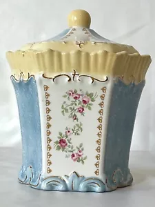 Shabby Chic Ceramic Canister Jar with Lid Carousel Blue Yellow Floral Canister - Picture 1 of 12