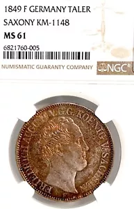 German States Saxony 1849 F Taler Coin NGC MS 61 VZ/F.STG Thaler UNC RARE COLORS - Picture 1 of 3