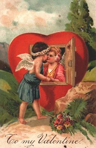 Postal San Valentín Serie PFB 8881 Niño Niña Cupidos en Casa Corazón - Imagen 1 de 2