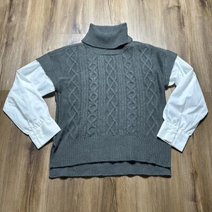 Anthropologie Size Large Layered Cable-Knit Turtleneck Sweater Tee Gray White - Picture 1 of 9