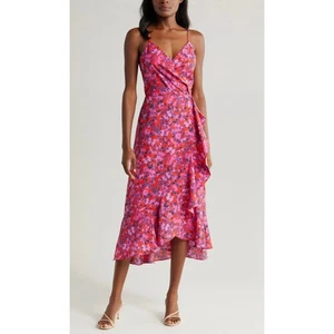 Chelsea 28 Faux Wrap Midi Dress Size Large NWT Red Pink Purple High Low Skirt - Picture 1 of 15