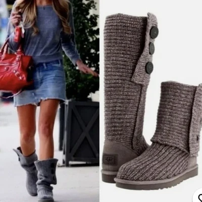 Suéter feminino UGG Australia tamanho 8 clássico cinza cardy 5819 malha botas dobráveis - Imagem 1 de 4