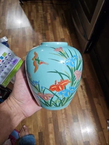 Andrea by Sadek Green Porcelain Oriental Floral Vase with Hummingbird 5.5" Tall - Picture 1 of 5