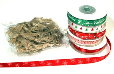 Holiday Ribbon Bundle ... 5 Rolls 3/8" Plus 20 Premade Raffia Small Bows - Image 1 of 3