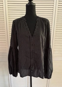 PAIGE Women's Black Emilia Striped Bell-sleeve Top sz  Medium - Picture 1 of 8