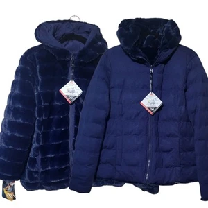 NEW Be Boundless Blue Reversible Faux Fur Puffer Coat Jacket Womens Size XL - Picture 1 of 14