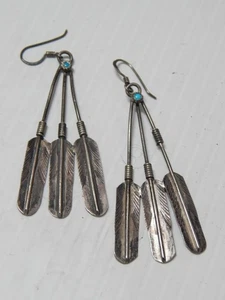 NAVAJO INDIAN STERLING SILVER TURQUOISE LONG DANGLER FEATHER EARRINGS - 2 1/2" - Picture 1 of 4