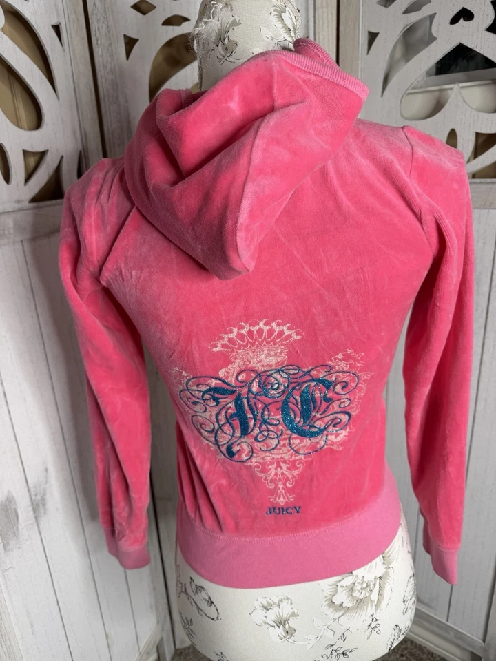 Y2K Juicy Couture Pink Velour Zip-Up Hoodie Sz 10 Girls Sparkle Graphic - Image 1 of 4