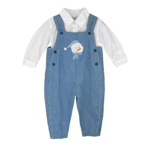 Petit Ami Christmas Holiday Snowman Blue Check Overall Set 6 9 12 18 24 Months - Picture 1 of 1