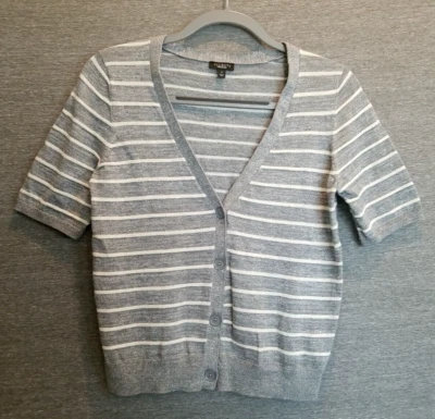 Cárdigan suéter gris a rayas Talbots para mujer S plateado metálico manga corta cuello en V Foto 1 de 4