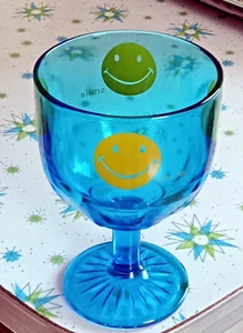 Vtg MCM 70s Blue Smiley Face Pedestal Goblet w/ Yellow Smile Faces Word SMILE - Picture 1 of 8