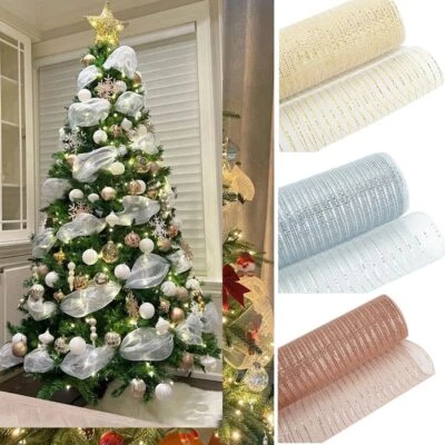 10 Yards Christmas Metallic Mesh Ribbon Deco DIY Wreath Xmas Tree Gift Wrap - Image 1 of 4