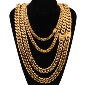 Mens Miami Cuban Link Chain 18k or 14k Gold Plated Stainless Steel (8MM to 16MM) - Picture 1 of 10