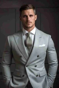 Traje Para Hombre Clásico Gris Claro Tres Piezas Doble Pecho Estilo Formal Ajuste a Medida - Imagen 1 de 5