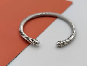 DAVID YURMAN 5mm Cavo Classico Bracciale Perla Pavé Diamanti Argento Sterling 7 in - Foto 1 di 8