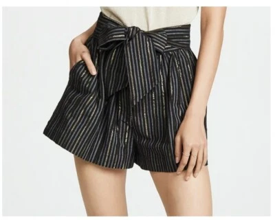 Ulla Johnson Martim Pantalones Cortos Lazo Medianoche Negro Dorado Metálico Rayas Bolsa de Papel 0  Foto 1 de 4