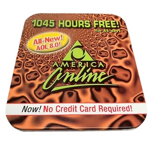 AOL 8.0 1045 Hours Now No Credit Card CD Computer Software Brown Metal Tin - Picture 1 of 5