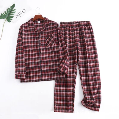Conjunto de pijama para hombre 100 % algodón ropa de dormir manga larga botón top pantalones ropa de dormir Foto 1 de 4