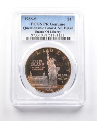 1986-S Statue Of Liberty Commemorative Dollar PCGS Rainbow Toned Genuine *5332 - Image 1 of 3