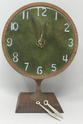 Vintage Mid Century Modern Green/White Enameled Face Metal And Wood Table Clock Cover