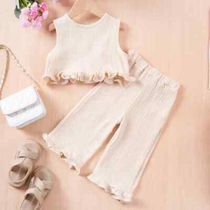 Kids Cotton Casual 2pcs Toddler Girls Solid Color Sleeveless Top + Ruffle Pants - Picture 1 of 27