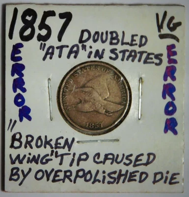 Flying Eagle 1857 punta de ala rota DDO doble matriz obv. Snow S-3 RARO cualquier estado. Foto 1 de 4