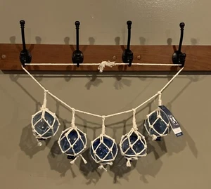 5 Blue Glass Roped Fishing Floats - Fish Net Buoy Ball Nautical Decor 19 Inch - Picture 1 of 7