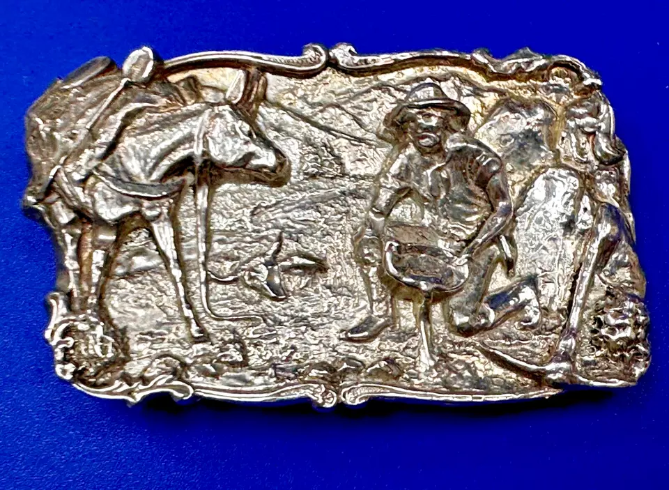 Gold Panning Miner Prospector Horse 925 Sterling Silver Cast Belt Buckle 121 Gr  - Image 1 of 4