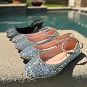 New Women's Bling Rhinestone Crystal Ankle Strap Ballet Flat Ballerina Shoe - Picture 1 of 29