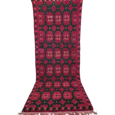 Vintage Moroccan Boujaad Rug Pinkish Red Fringe Handmade Artistry Kilim Carpet - Image 1 of 4