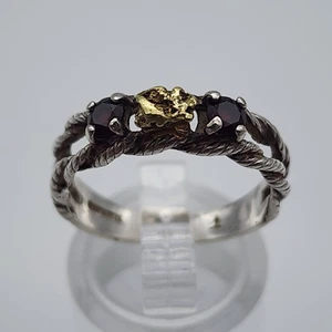 Vintage Garnet Gold Nugget: Rope Twist Cord Sterling Silver 925 Band Ring - 7.25 - Picture 1 of 16