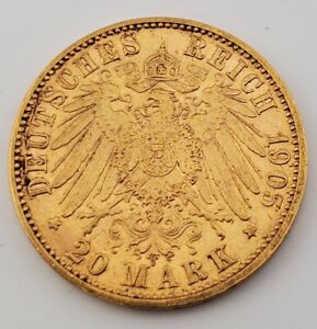 Germany Prussia 20 Mark Gold Piece 1905 J World Coin Au / Unc
